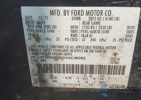 2017 Ford Explorer Xlt from USA, damaged, VIN 1FM5K8D82HGC46092